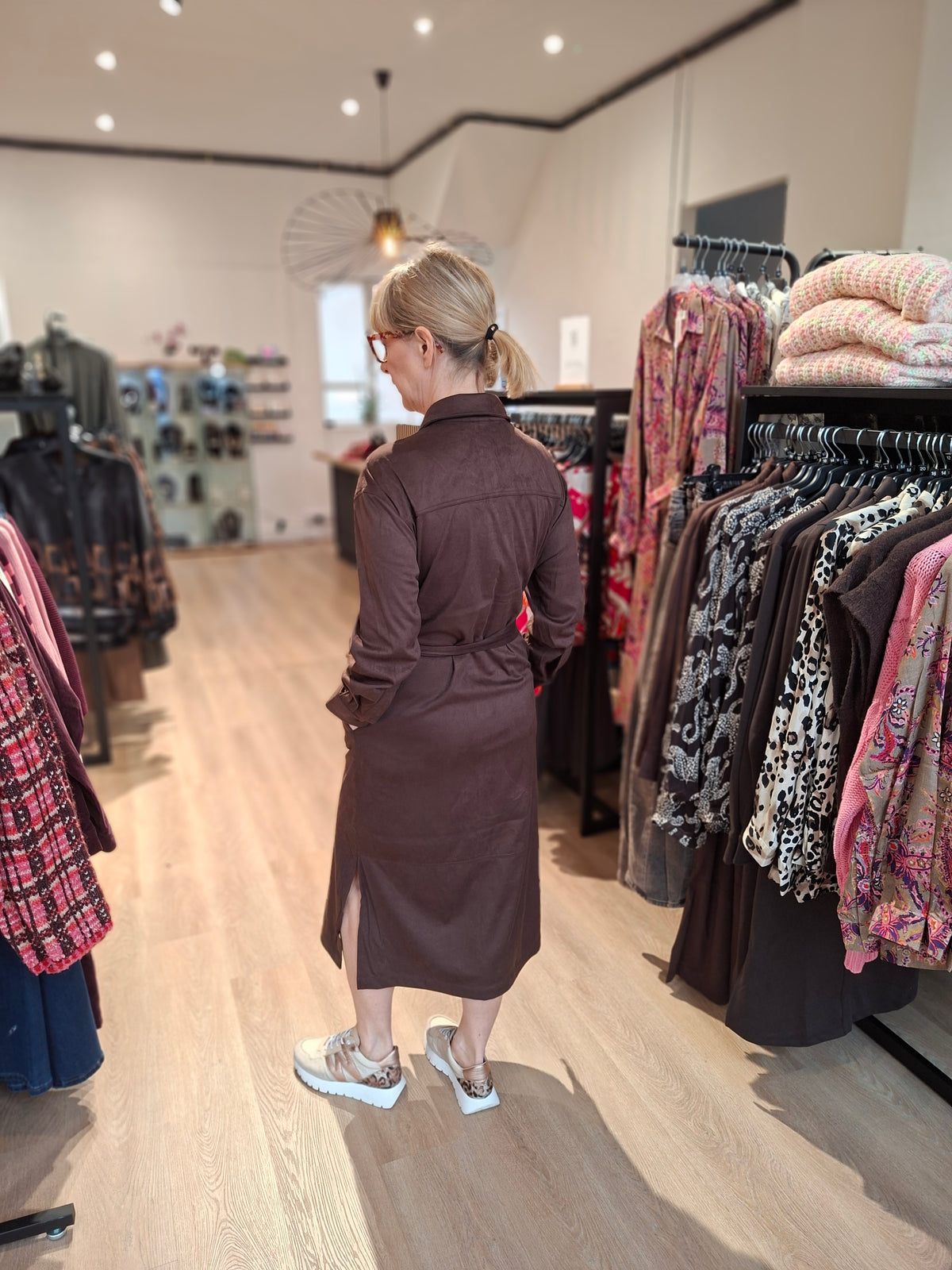 Milano Italy 6371281480 Mocca Suede Shirt Dress With Long Sleeves And Collar