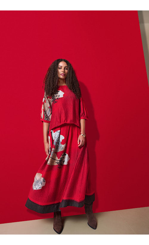Noen 84055 Scarlet Red Printed Asymetrical Blouse Top