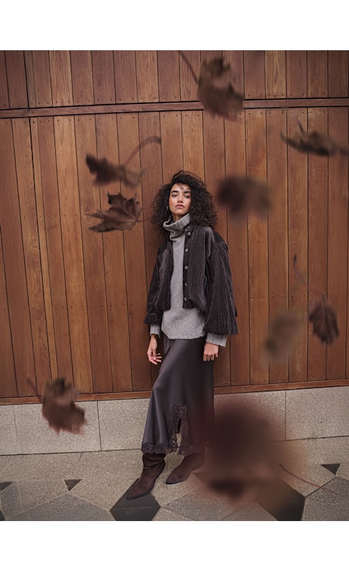 Noen Dark Brown Cordered Bell Sleeve Cropped Jacket