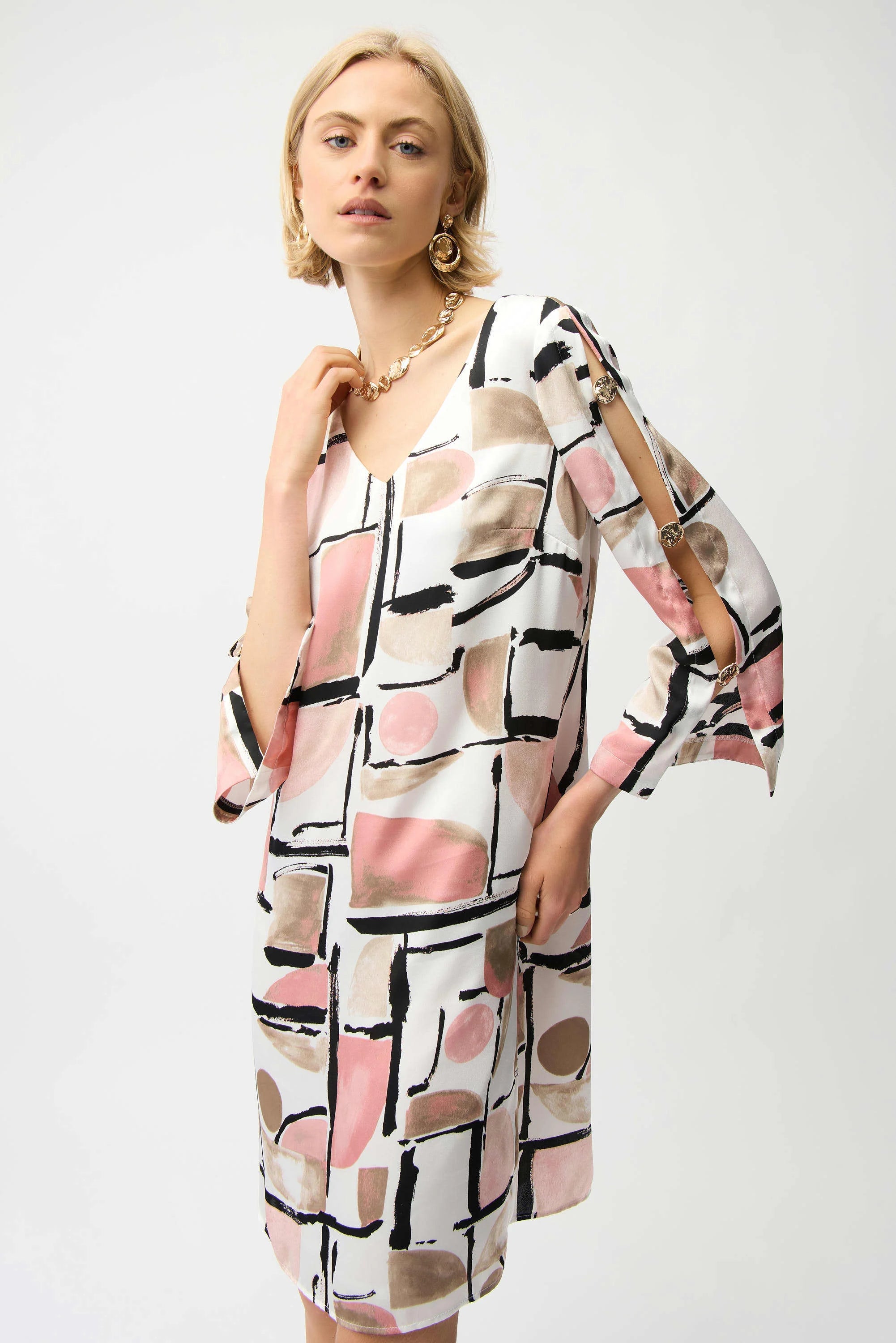 Joseph Ribkoff 261258 Recycled Satin Abstract Print Trapeze Dress With Gold Detail