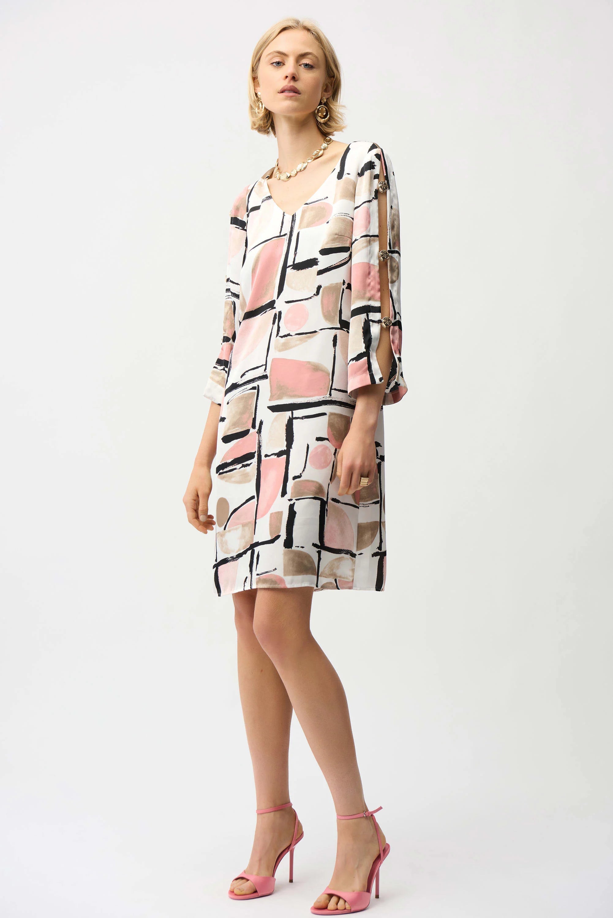 Joseph Ribkoff 261258 Recycled Satin Abstract Print Trapeze Dress With Gold Detail