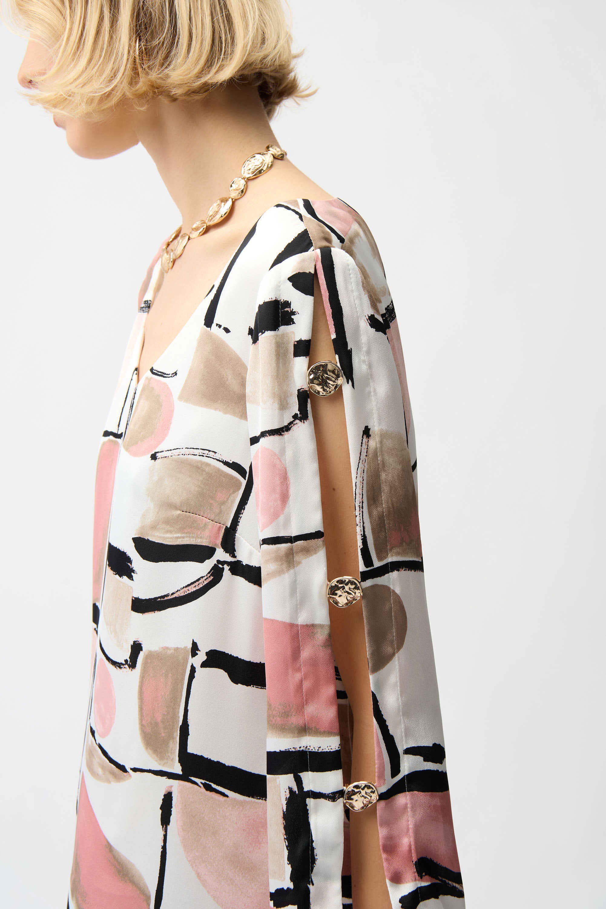 Joseph Ribkoff 261258 Recycled Satin Abstract Print Trapeze Dress With Gold Detail