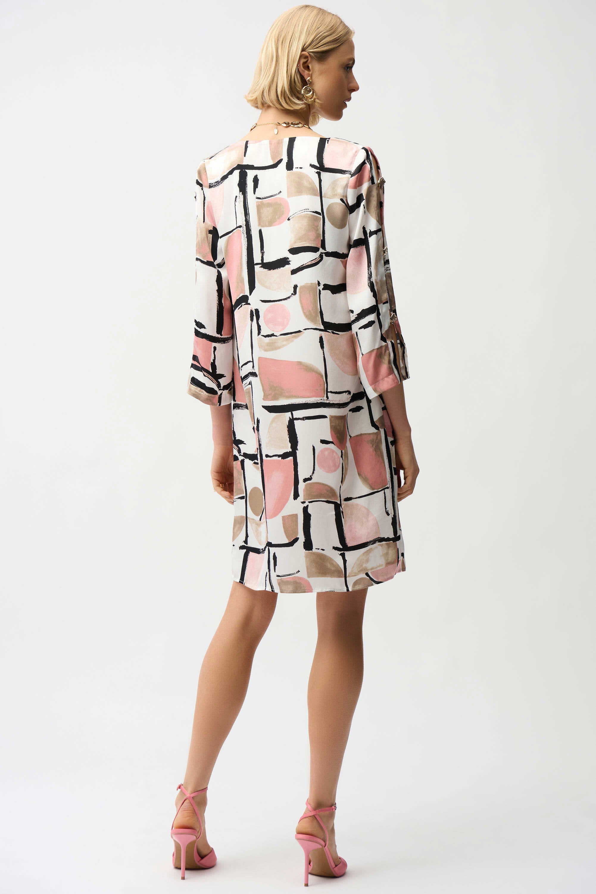 Joseph Ribkoff 261258 Recycled Satin Abstract Print Trapeze Dress With Gold Detail