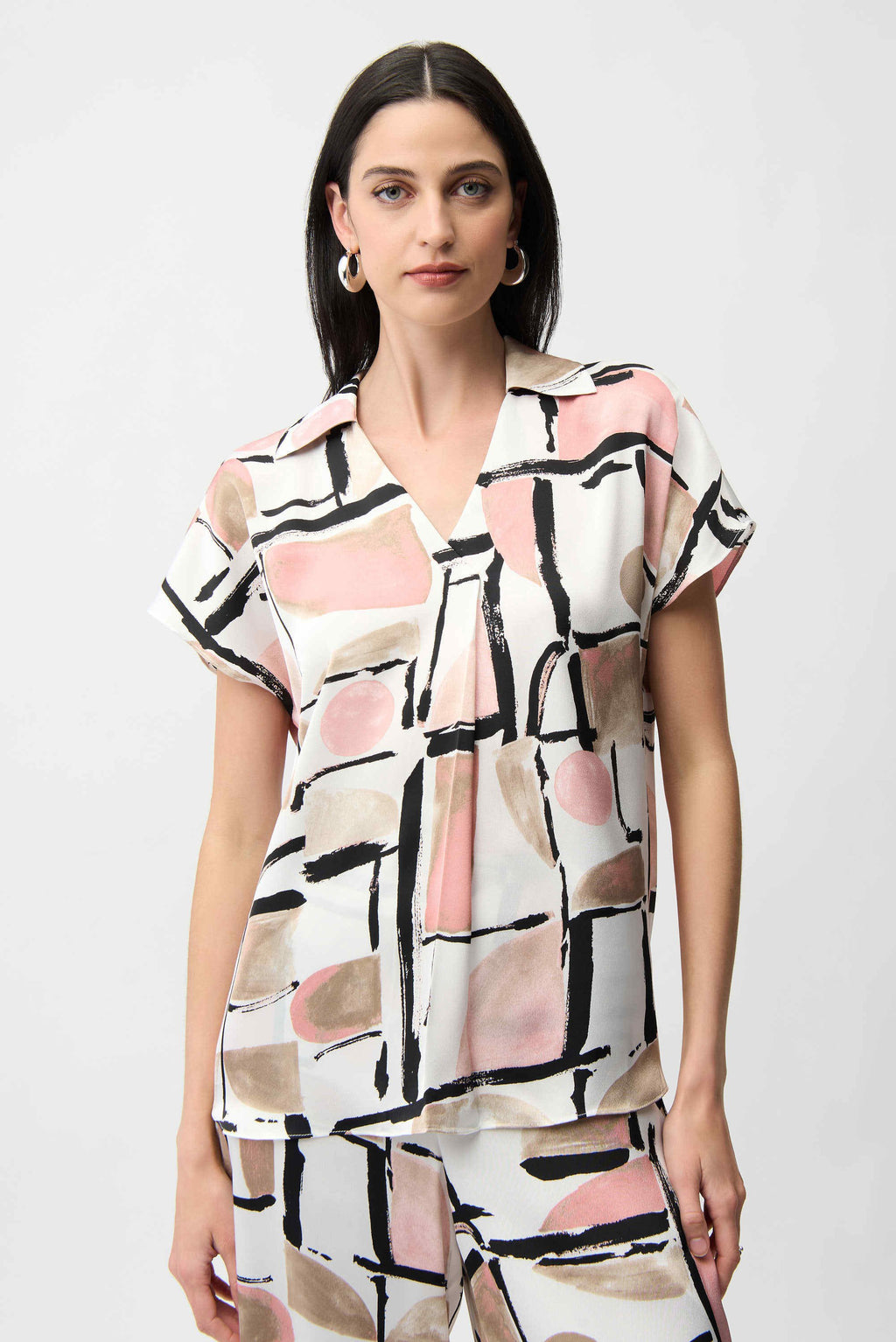 Joseph Ribkoff 261308 Pink Recycled Satin Abstract Print Boxy Top With V Neckline