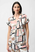 Joseph Ribkoff 261308 Pink Recycled Satin Abstract Print Boxy Top With V Neckline