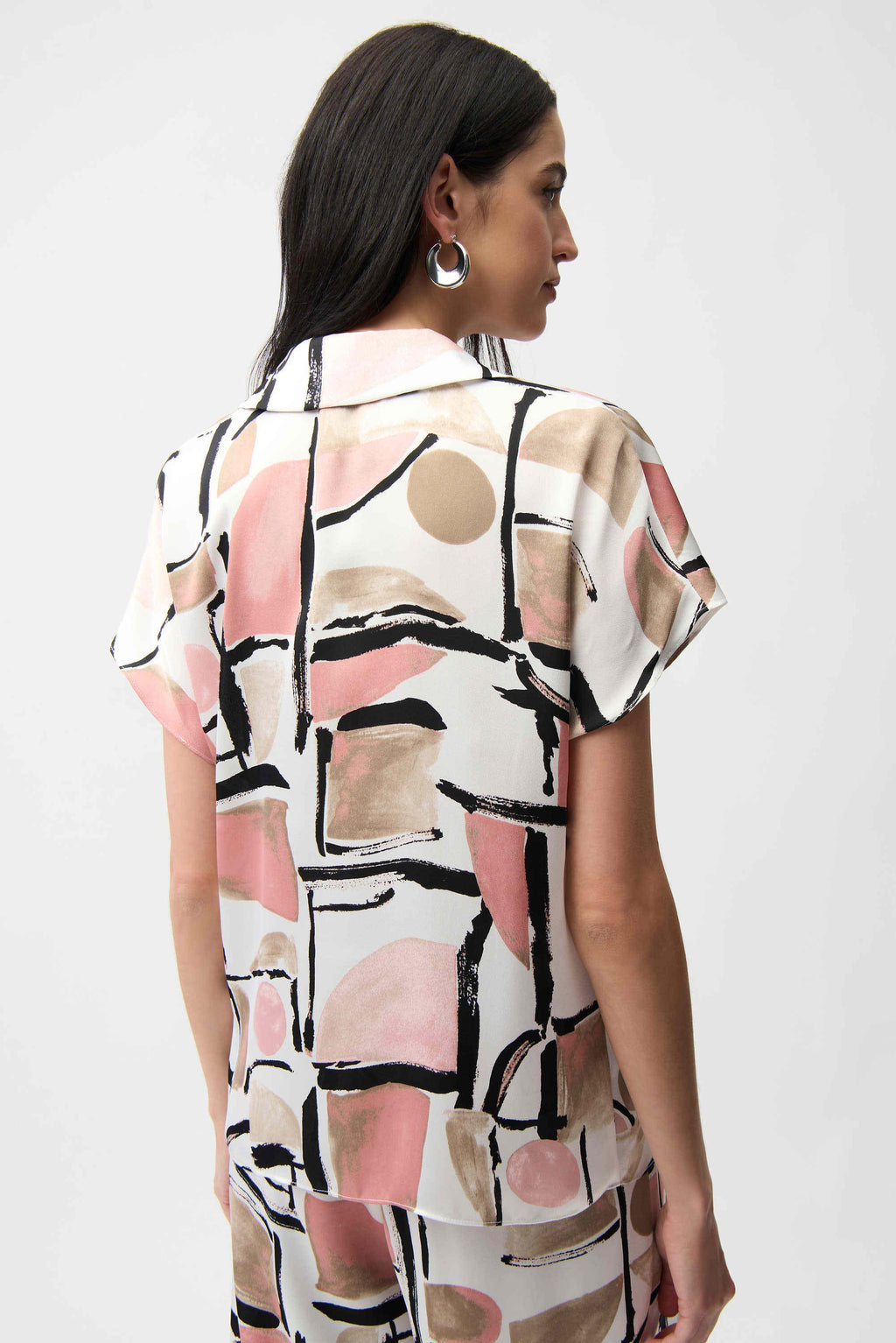 Joseph Ribkoff 261308 Pink Recycled Satin Abstract Print Boxy Top With V Neckline