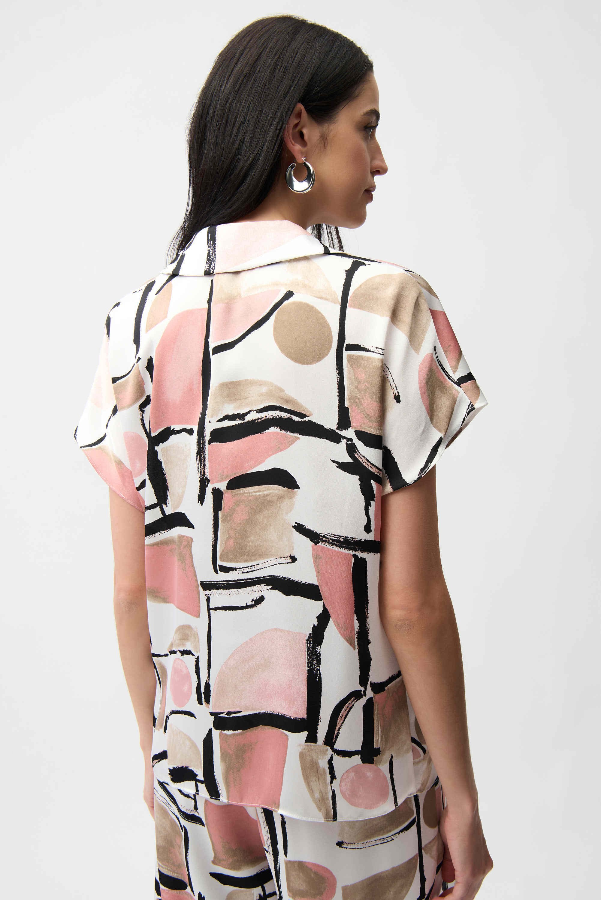 Joseph Ribkoff 261308 Pink Recycled Satin Abstract Print Boxy Top With V Neckline