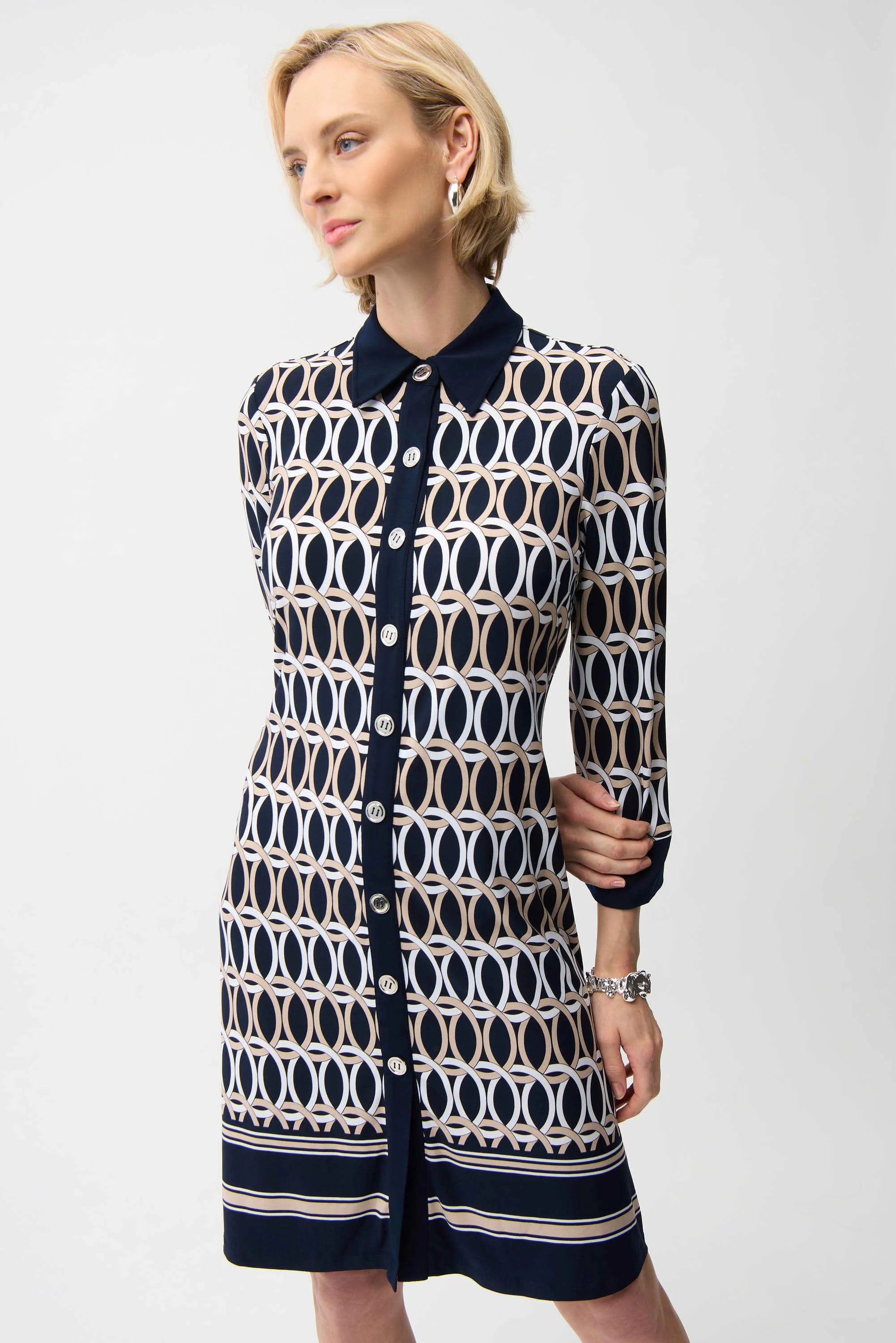 Joseph Ribkoff 261903 Silky Knit Geometric Print A-Line Shirt Dress
