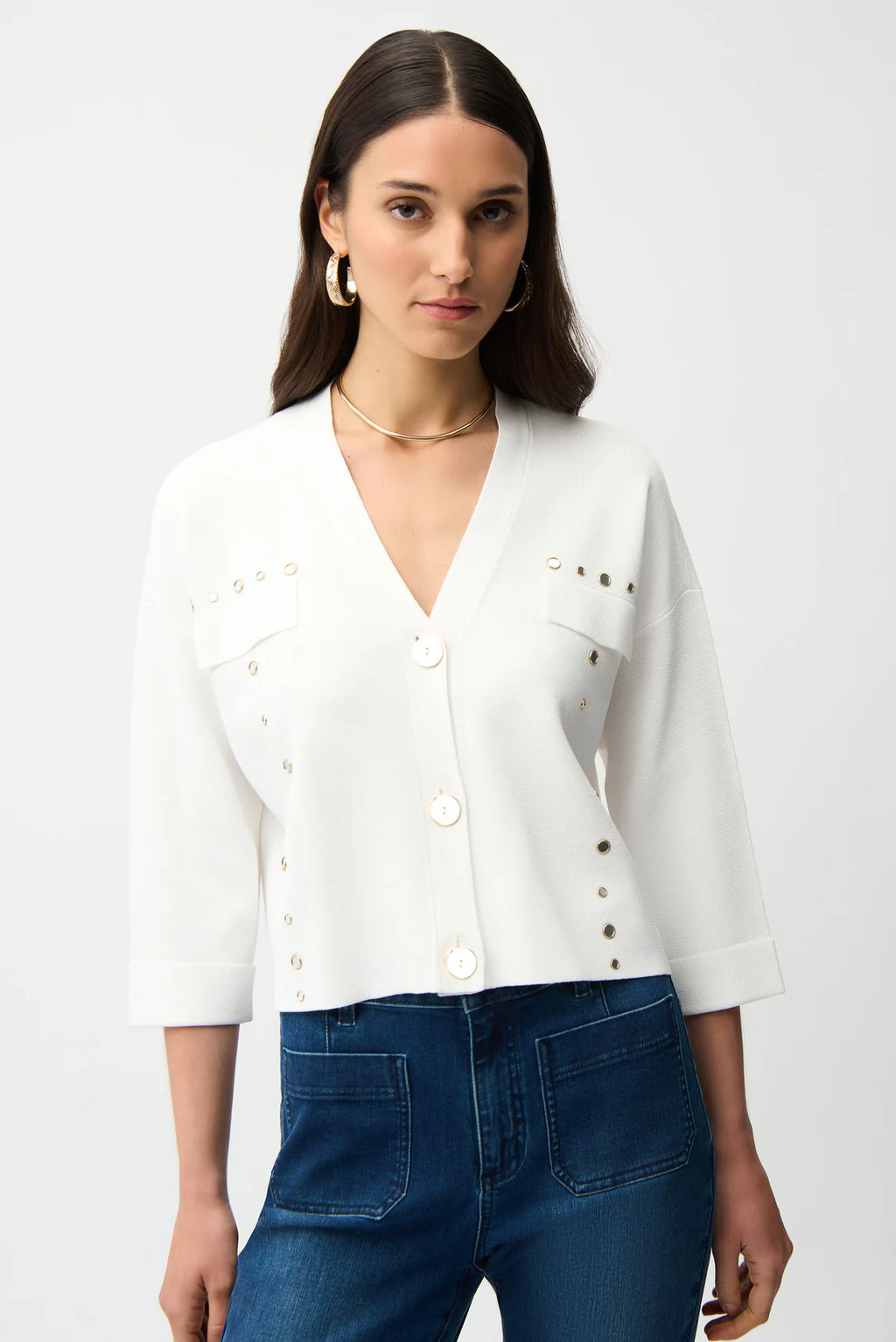 Joseph Ribkoff 261918 Vanilla Gold Studded cropped Cardigan