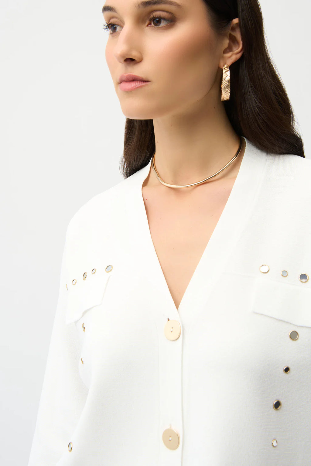 Joseph Ribkoff 261918 Vanilla Gold Studded cropped Cardigan