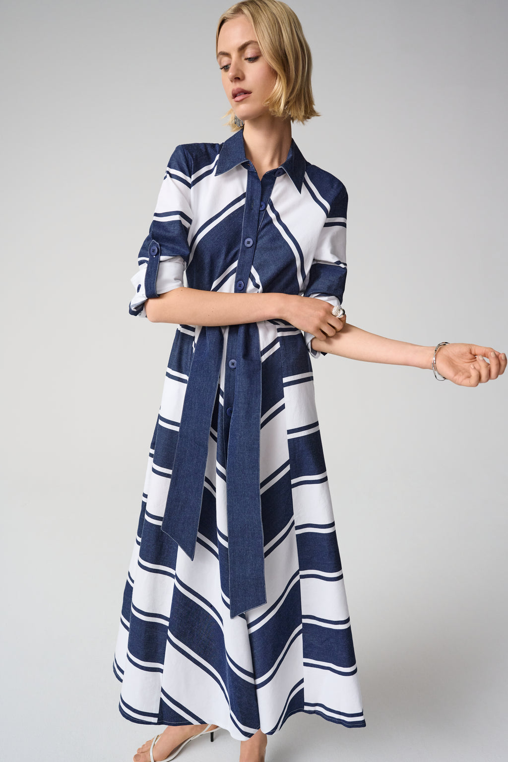 Joseph Ribkoff 261936 Navy/White Striped Belted A Line Dress