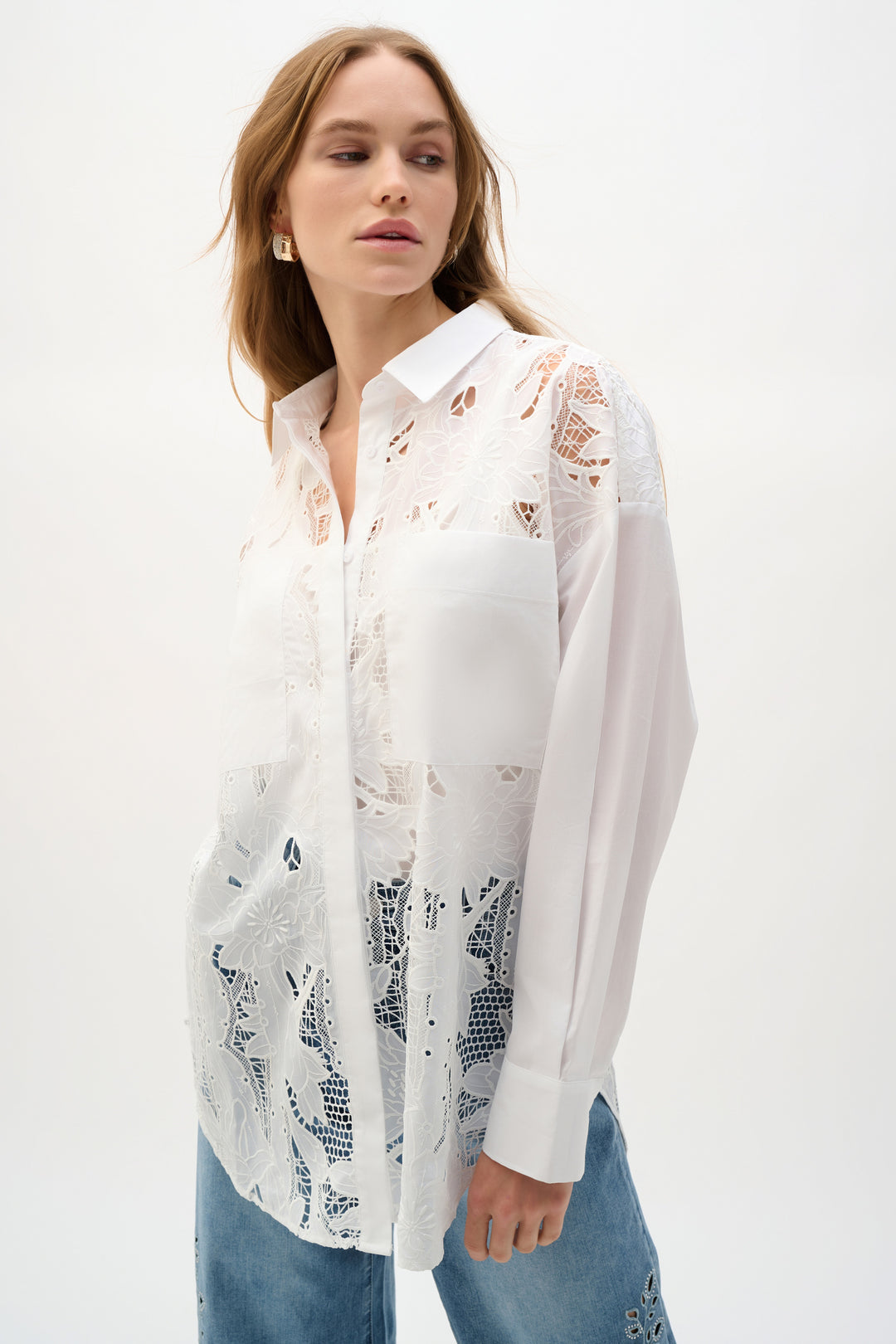 Joseph Ribkoff  262952 White Collar Blouse With Long Sleeves