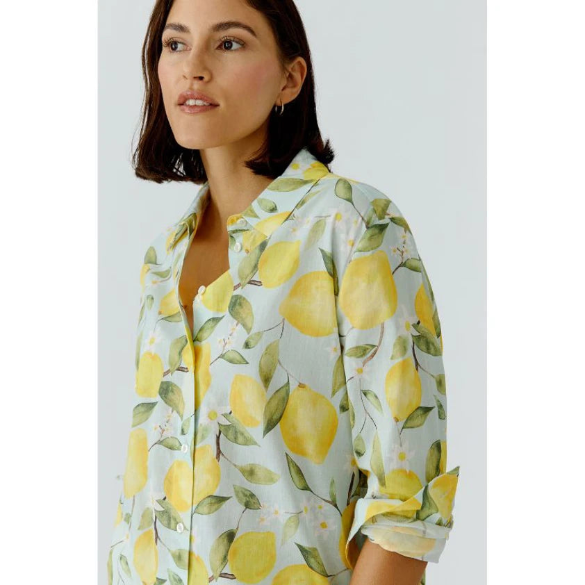 Oui 97535 Green And Yellow Lemon Long Sleeves Collar Shirt/Blouse