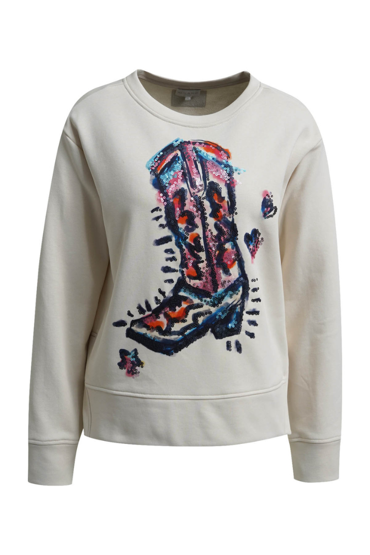 Milano Italy 6356358702 Cream Round Neck And Long Sleeves Top With Cowboy Boot Print