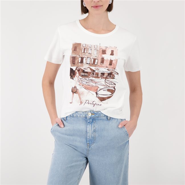 Monari 410553 Light Peach  Round Neck T-shirt With Short Sleeves And Graphic Print On The Front
