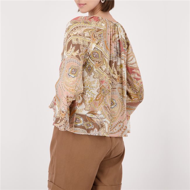 Monari 410570 Mocca Pattern Paisley Print Blouse Featuring A Round Neck And 7/8 Length Sleeves