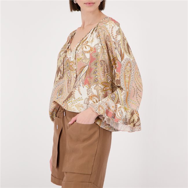 Monari 410570 Mocca Pattern Paisley Print Blouse Featuring A Round Neck And 7/8 Length Sleeves