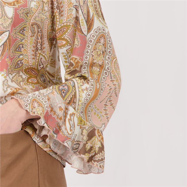 Monari 410570 Mocca Pattern Paisley Print Blouse Featuring A Round Neck And 7/8 Length Sleeves