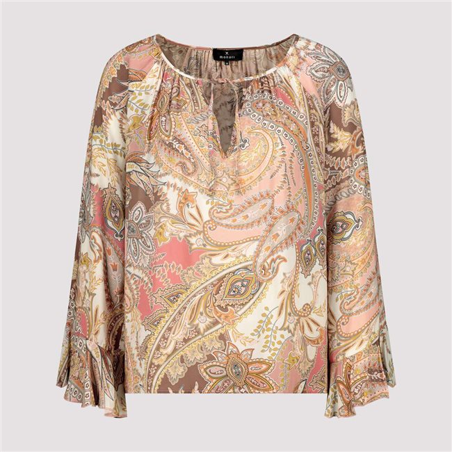 Monari 410570 Mocca Pattern Paisley Print Blouse Featuring A Round Neck And 7/8 Length Sleeves