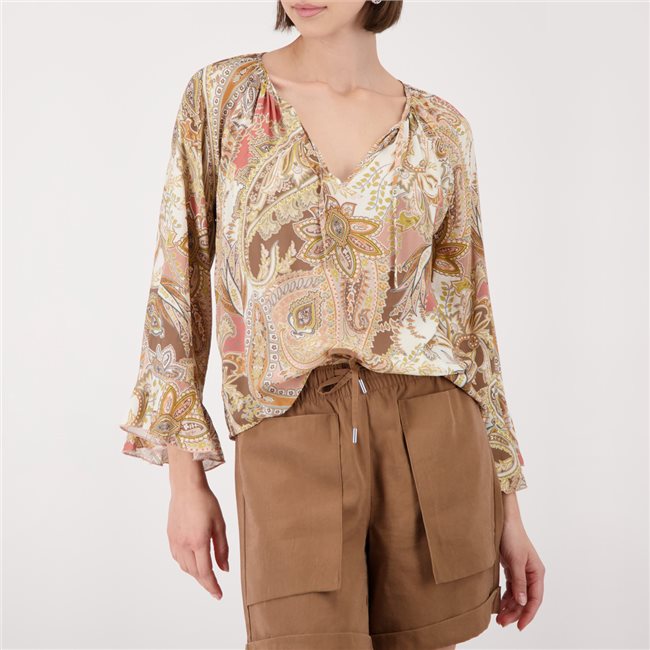 Monari 410570 Mocca Pattern Paisley Print Blouse Featuring A Round Neck And 7/8 Length Sleeves