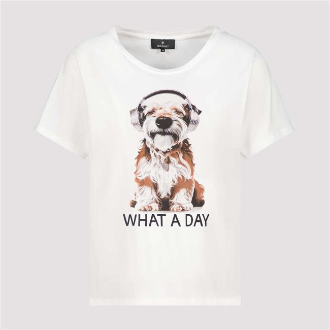Monari 410593 Cream Round Neck T-shirt With Short Sleeves And Print Dog On The Front