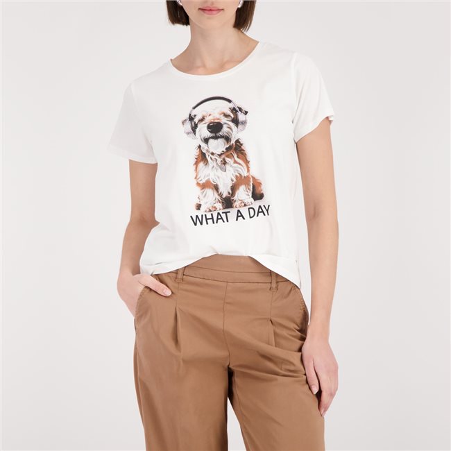 Monari 410593 Cream Round Neck T-shirt With Short Sleeves And Print Dog On The Front