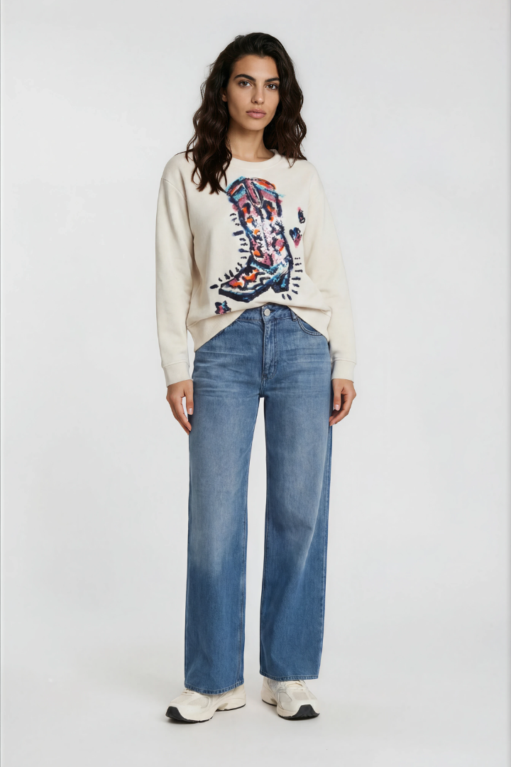 Milano Italy 6356358702 Cream Round Neck And Long Sleeves Top With Cowboy Boot Print