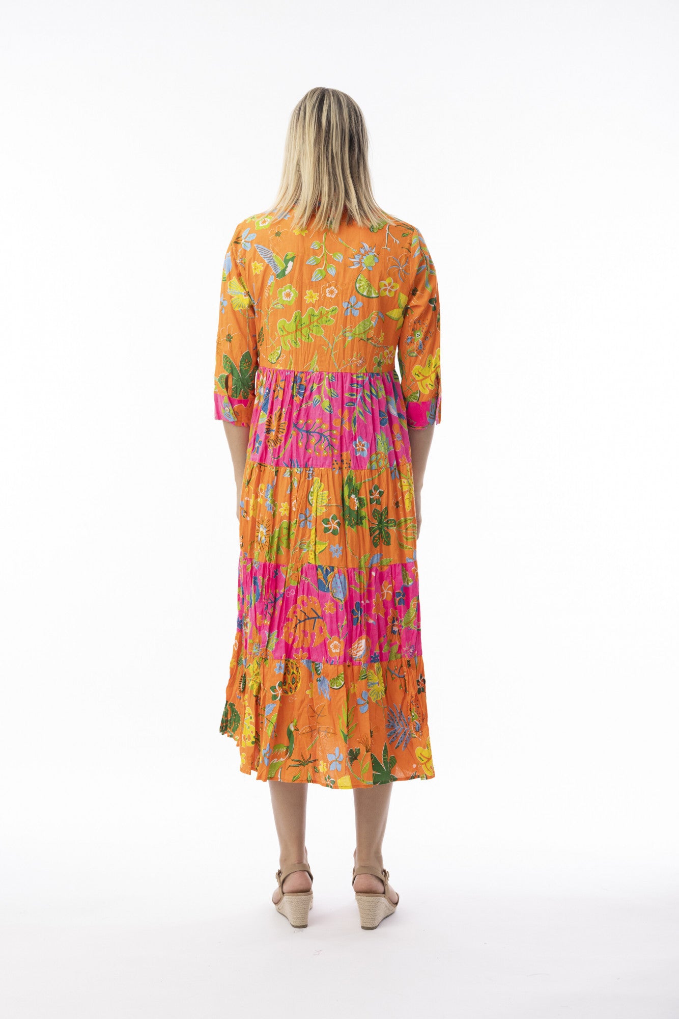 Orientique 10080 Miraflores Print Multi Colour Maxi Collar 3/4 Sleevess Dress