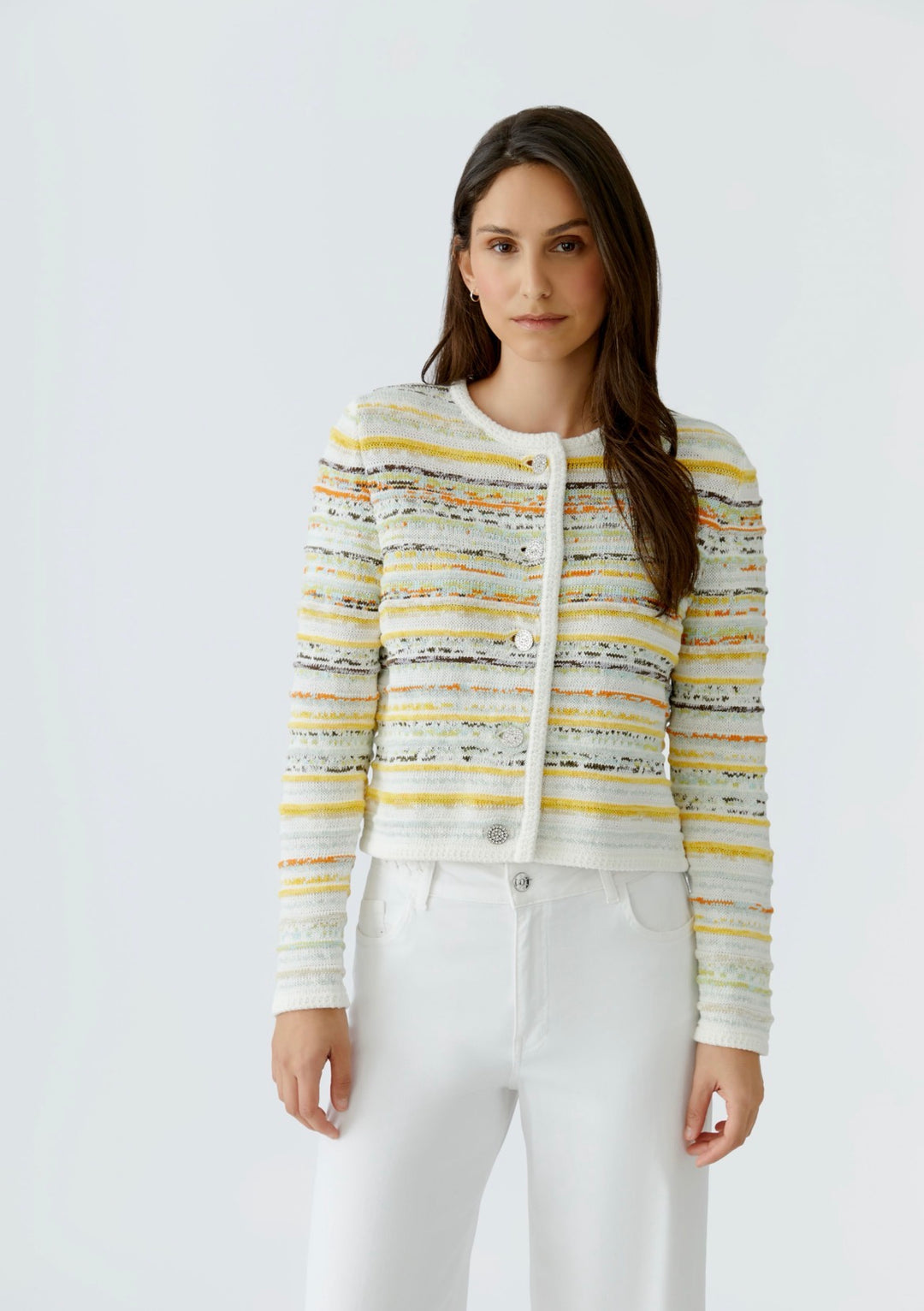 Oui 97327 White Yellow Colour Long Sleeves Cardigan