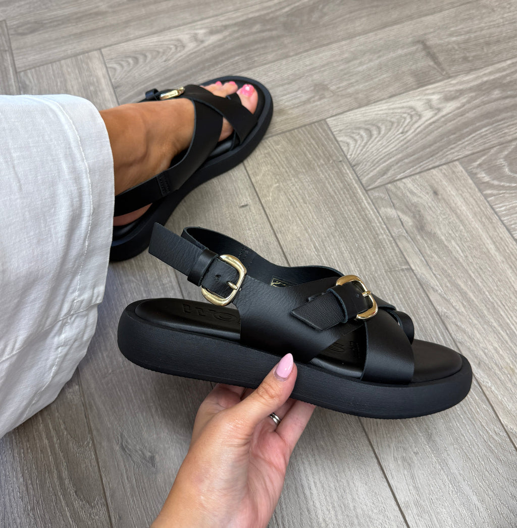 Wonders AB-1332 Black Casual Sandals With A Thick Flat Sole