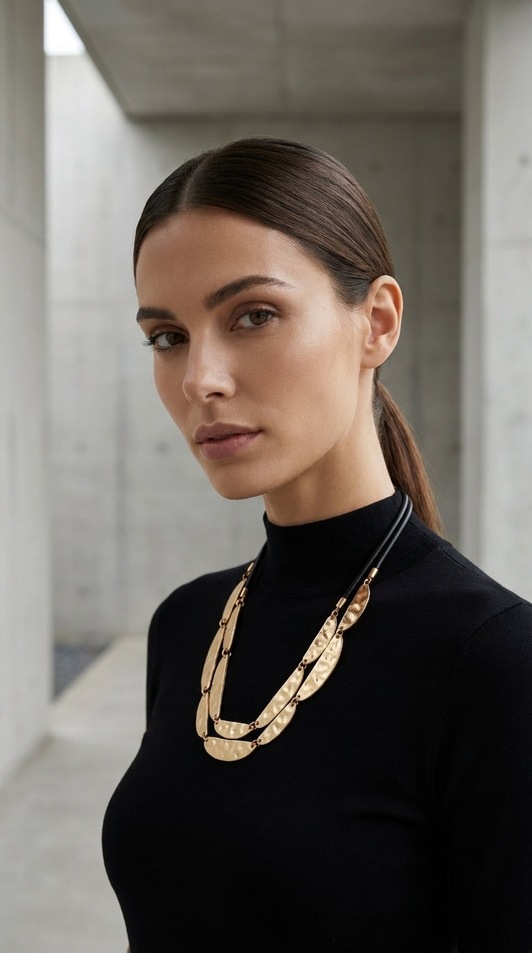 Envy Leather Chain With Metal Half Moon Disks Necklace