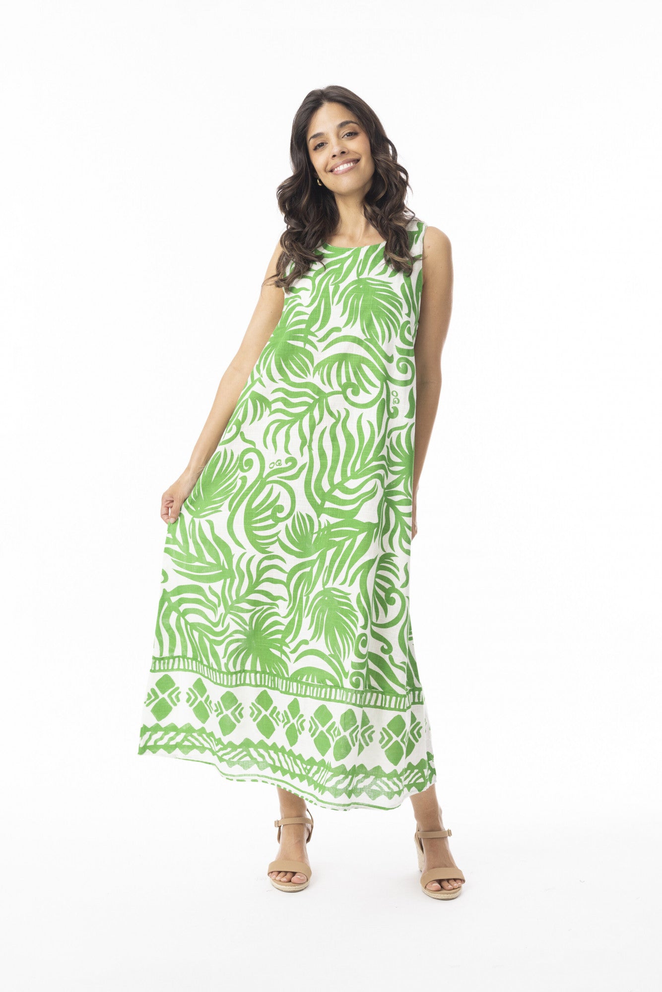 Orientique 40171 Abstract Ferns Print Green/White Maxi Sleevless Dress