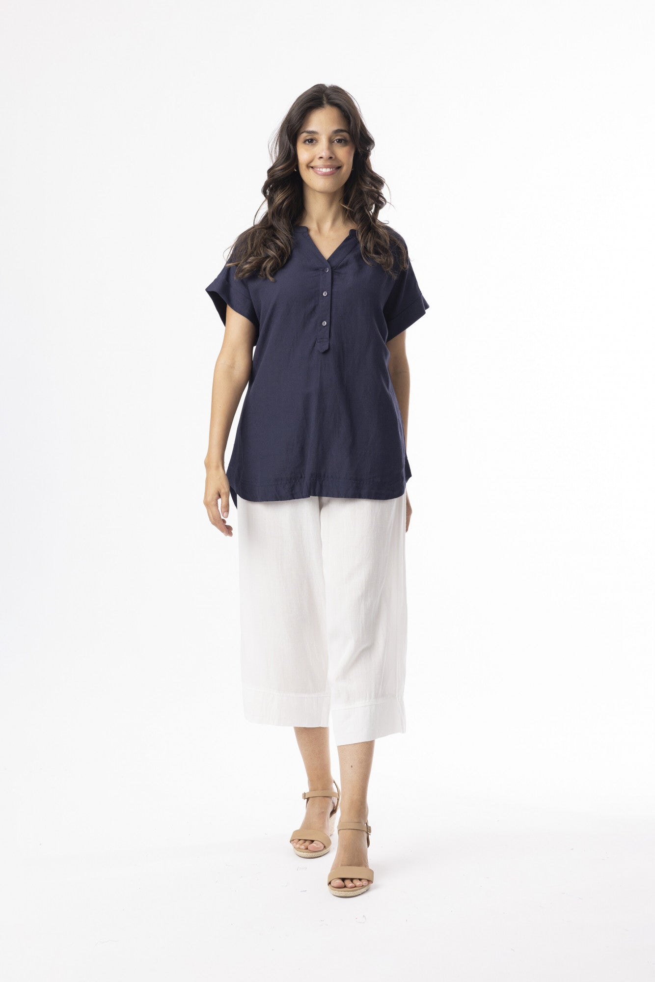 Orientique 62772 Essentials Short Sleeve V Neck Top With Buttons