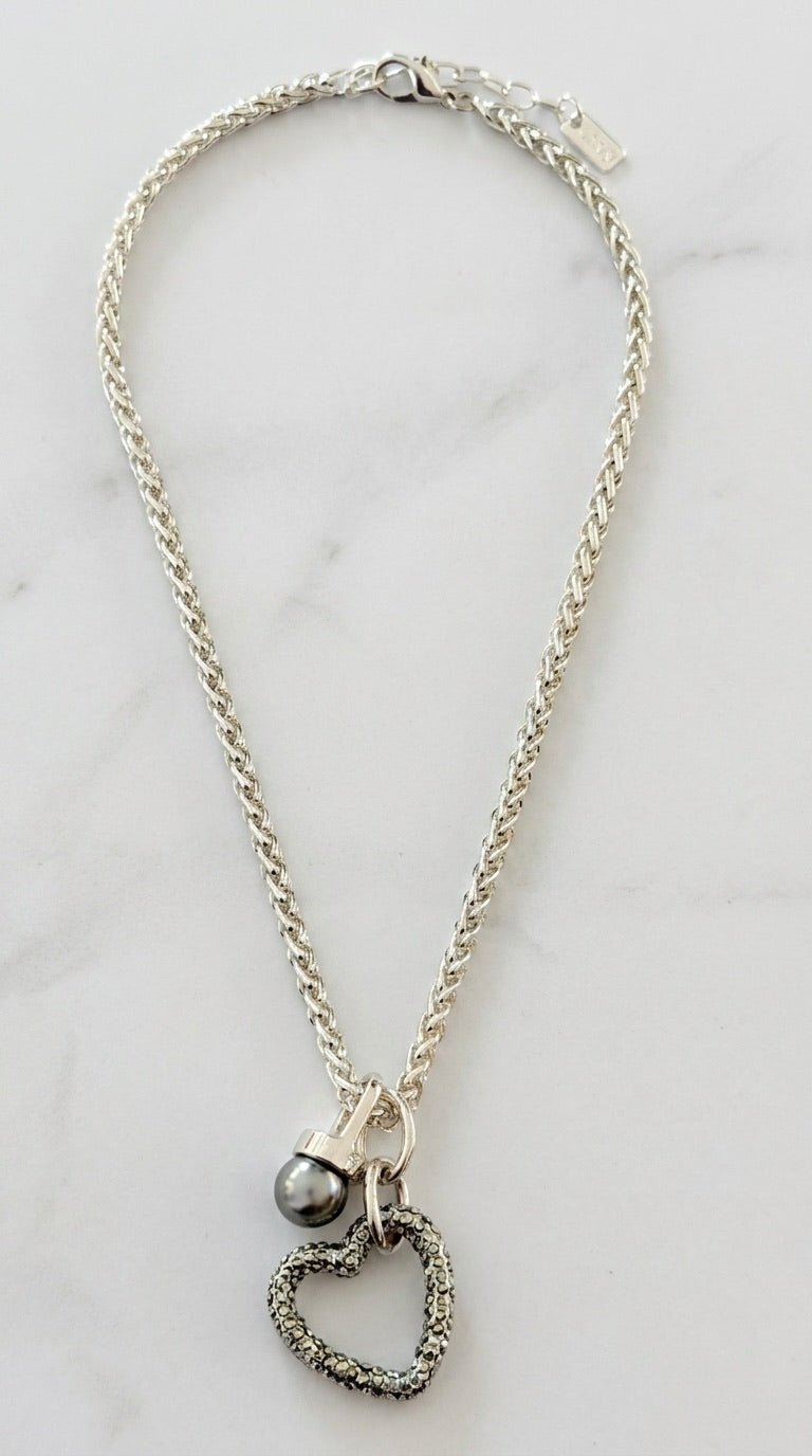 Envy 608 Sparkle Heart With Pearl Pendant Necklace
