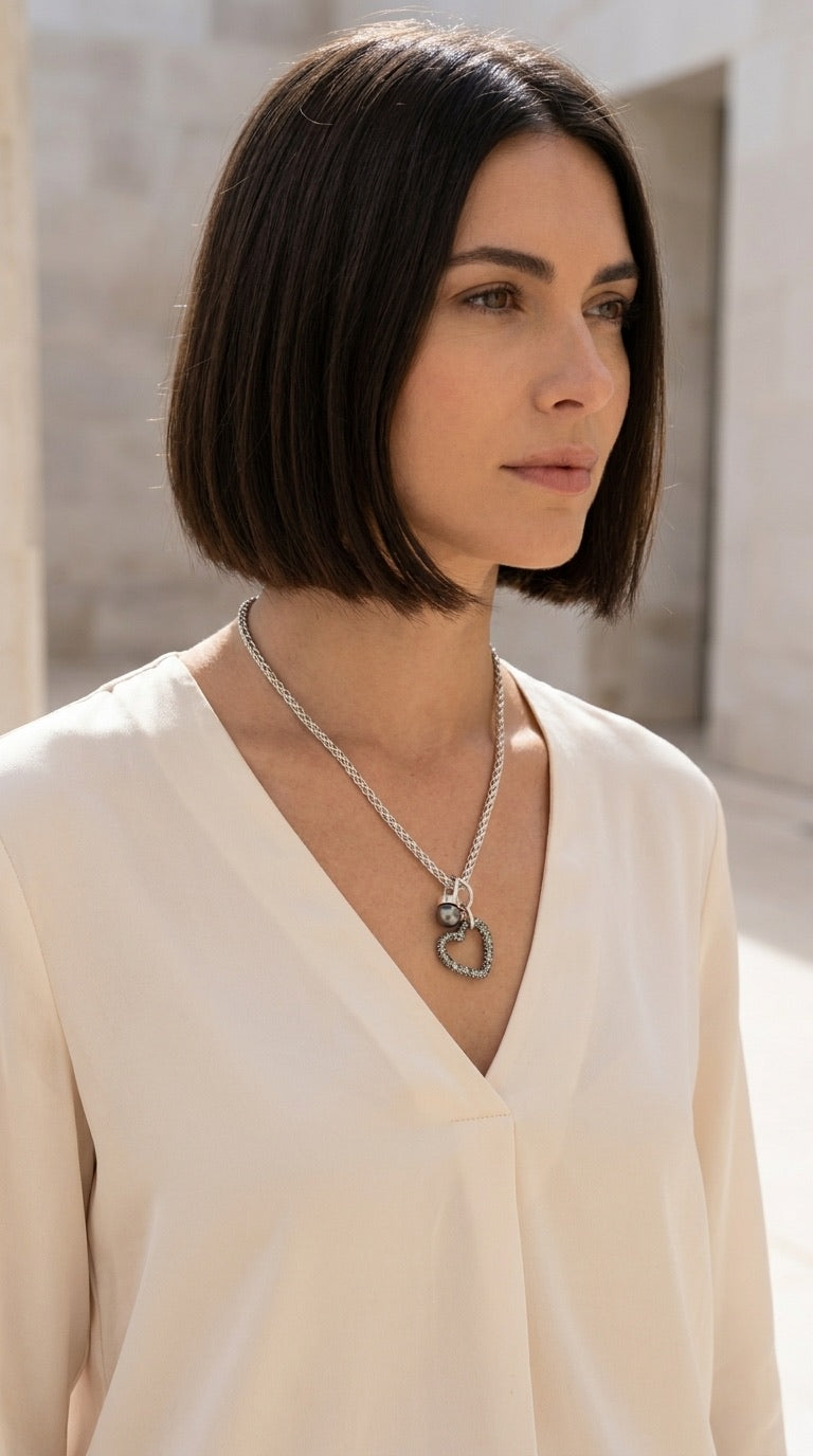 Envy 608 Sparkle Heart With Pearl Pendant Necklace