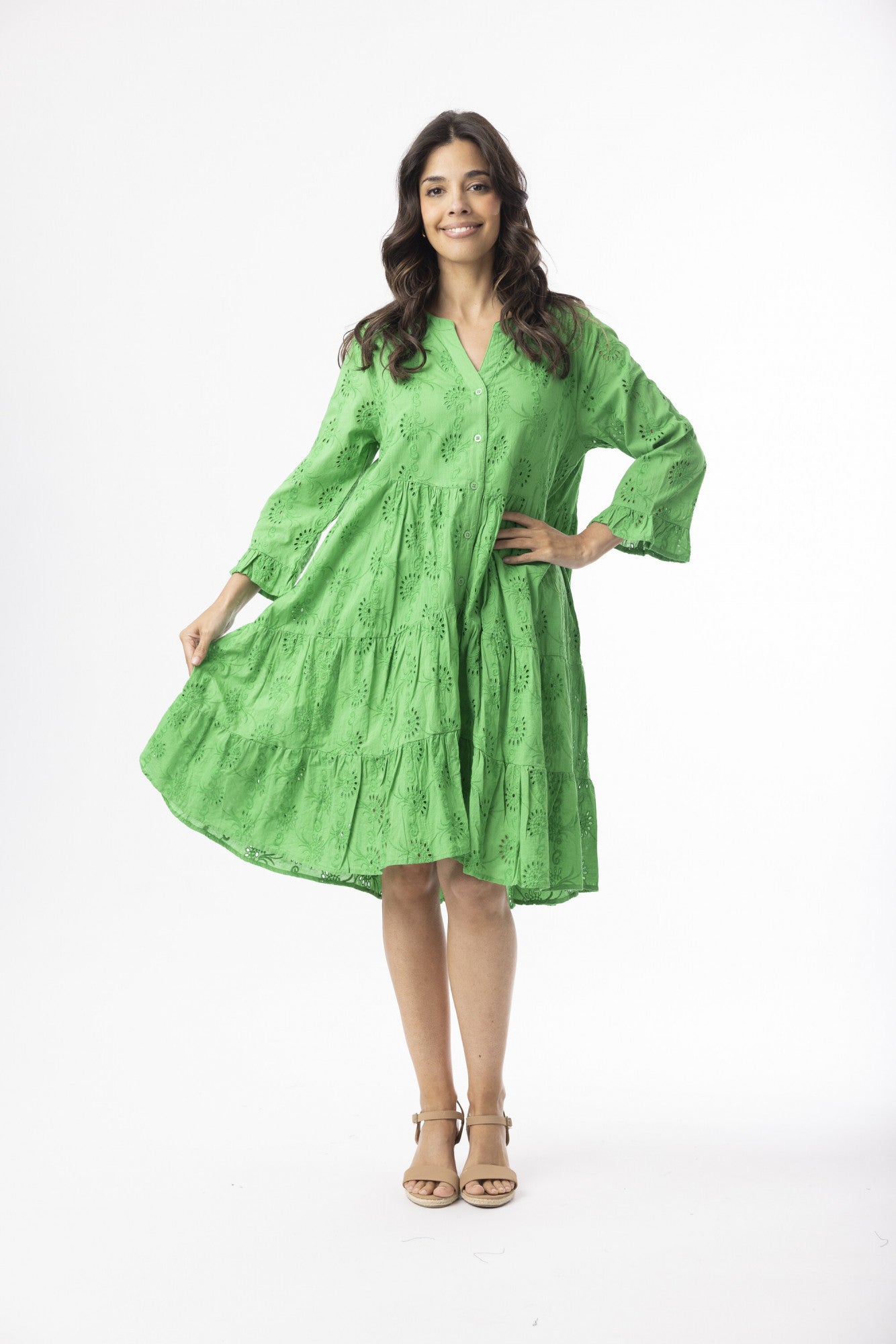 Orientique 40239 Green Broderie Essentials Knee Length V Neck Dress With Buttons