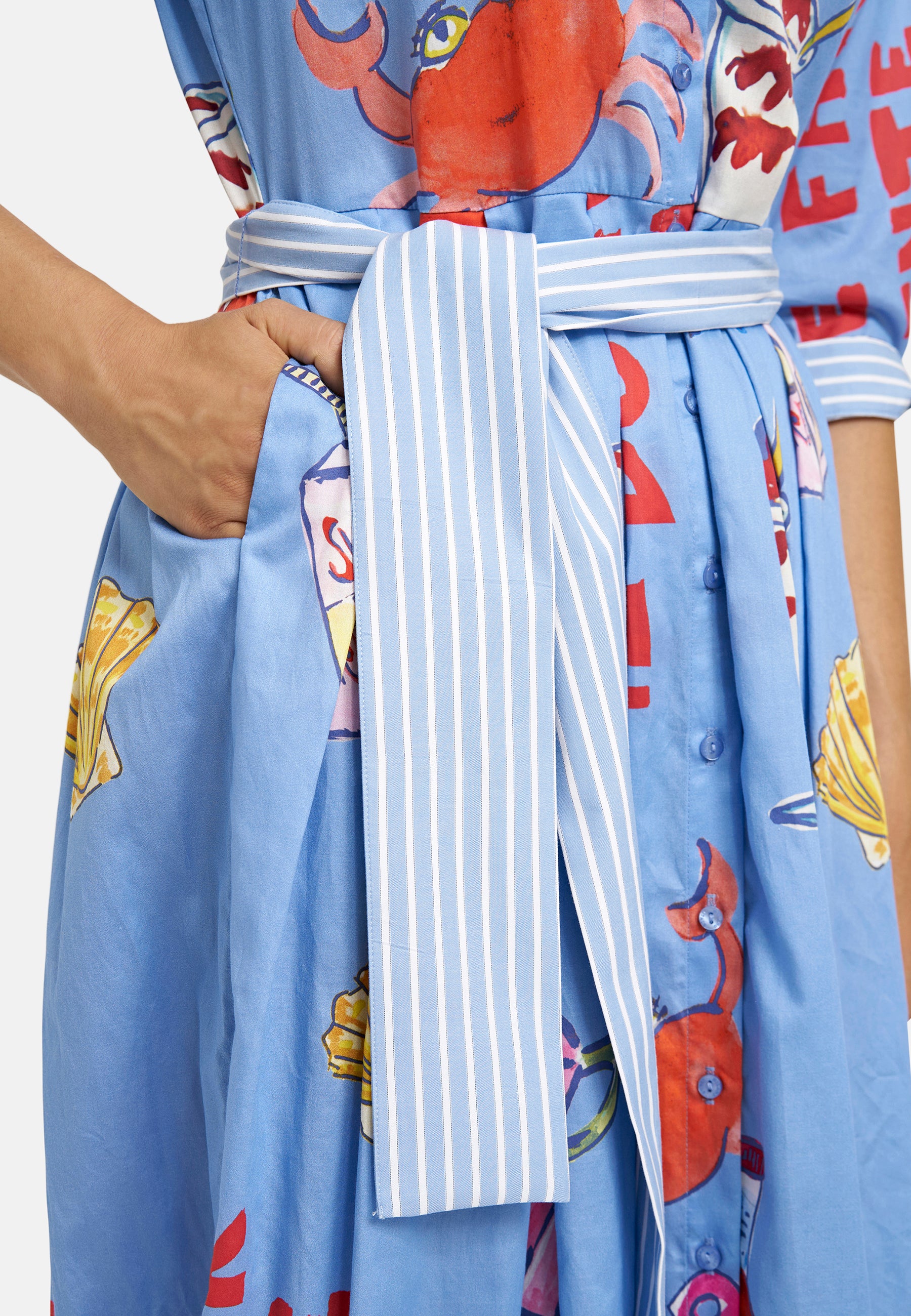 Milano Italy 1371 Ocean Blue Print Shirt Dress With Wide Midi Skirt