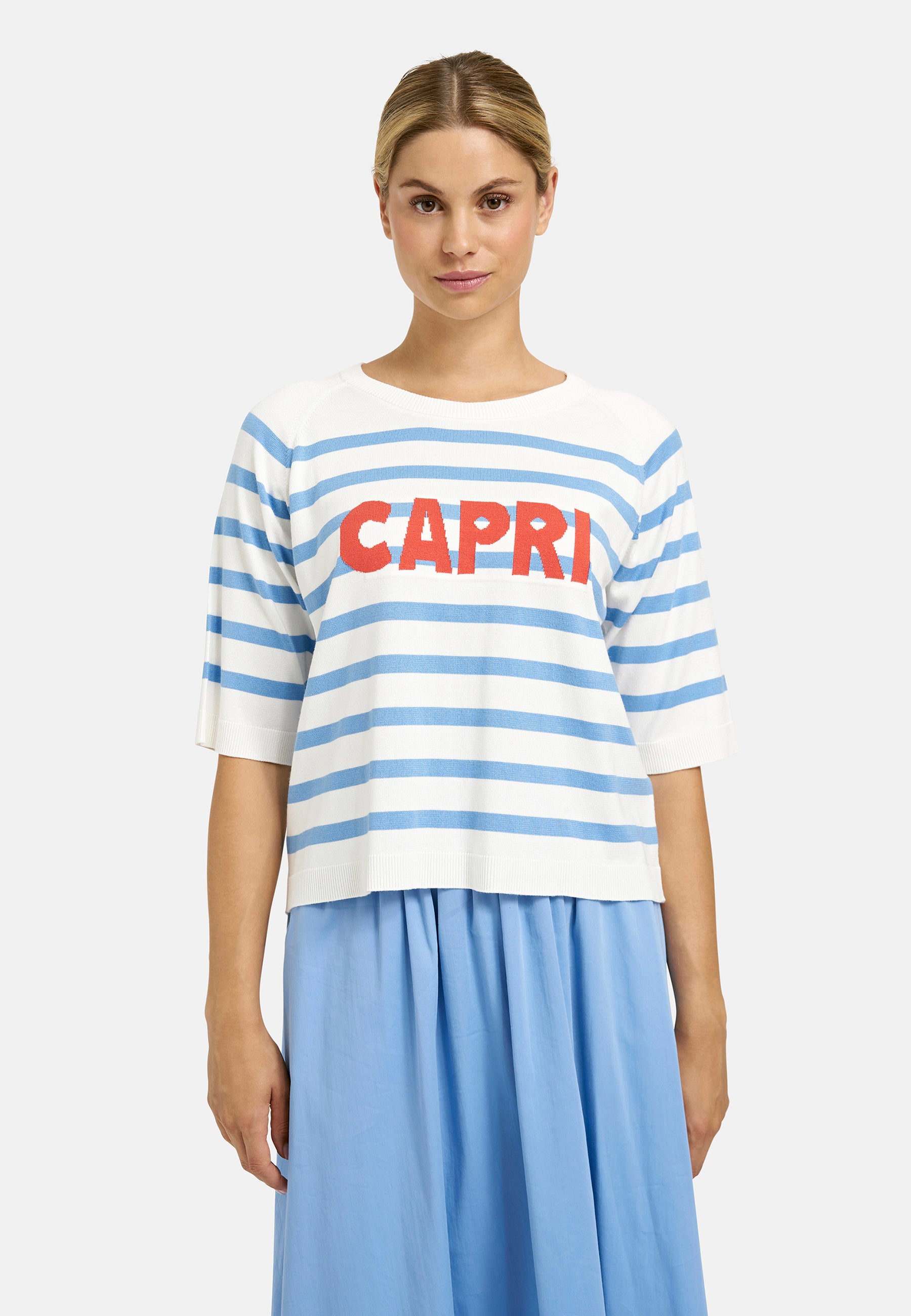 Milano Italy 9111  Round Neck Jumper 3/4 Sleeves With Horizontal Stripes