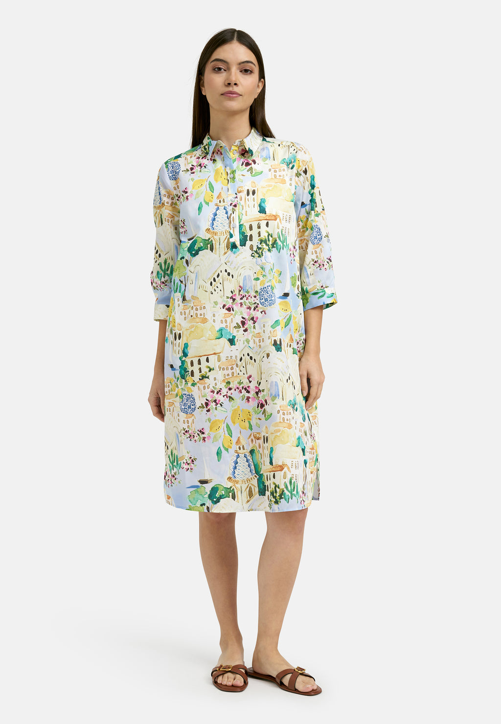 Milano Italy 6224395046 Light Blue Print Shirt dress With 3/4 Sleeves