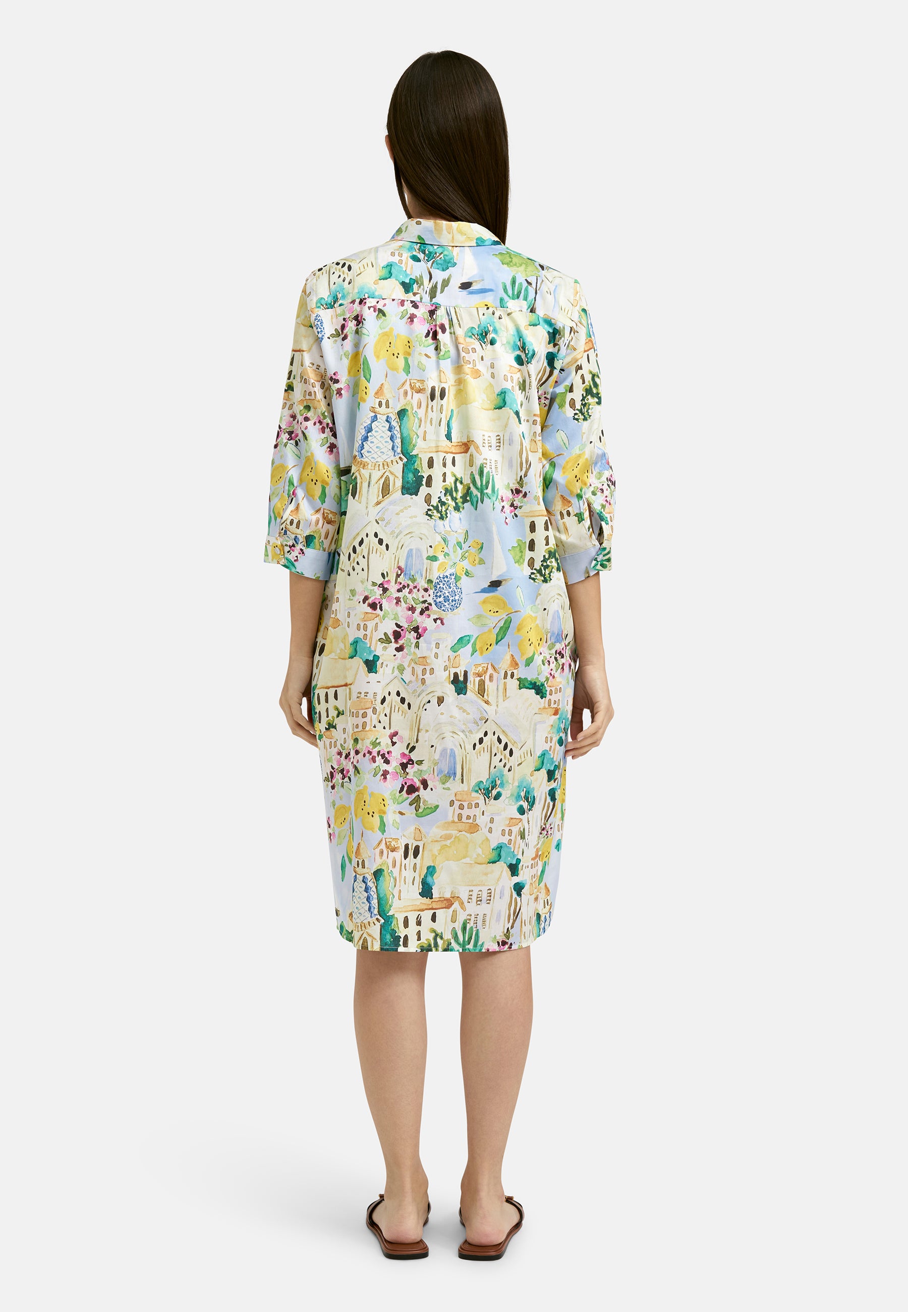 Milano Italy 6224395046 Light Blue Print Shirt dress With 3/4 Sleeves