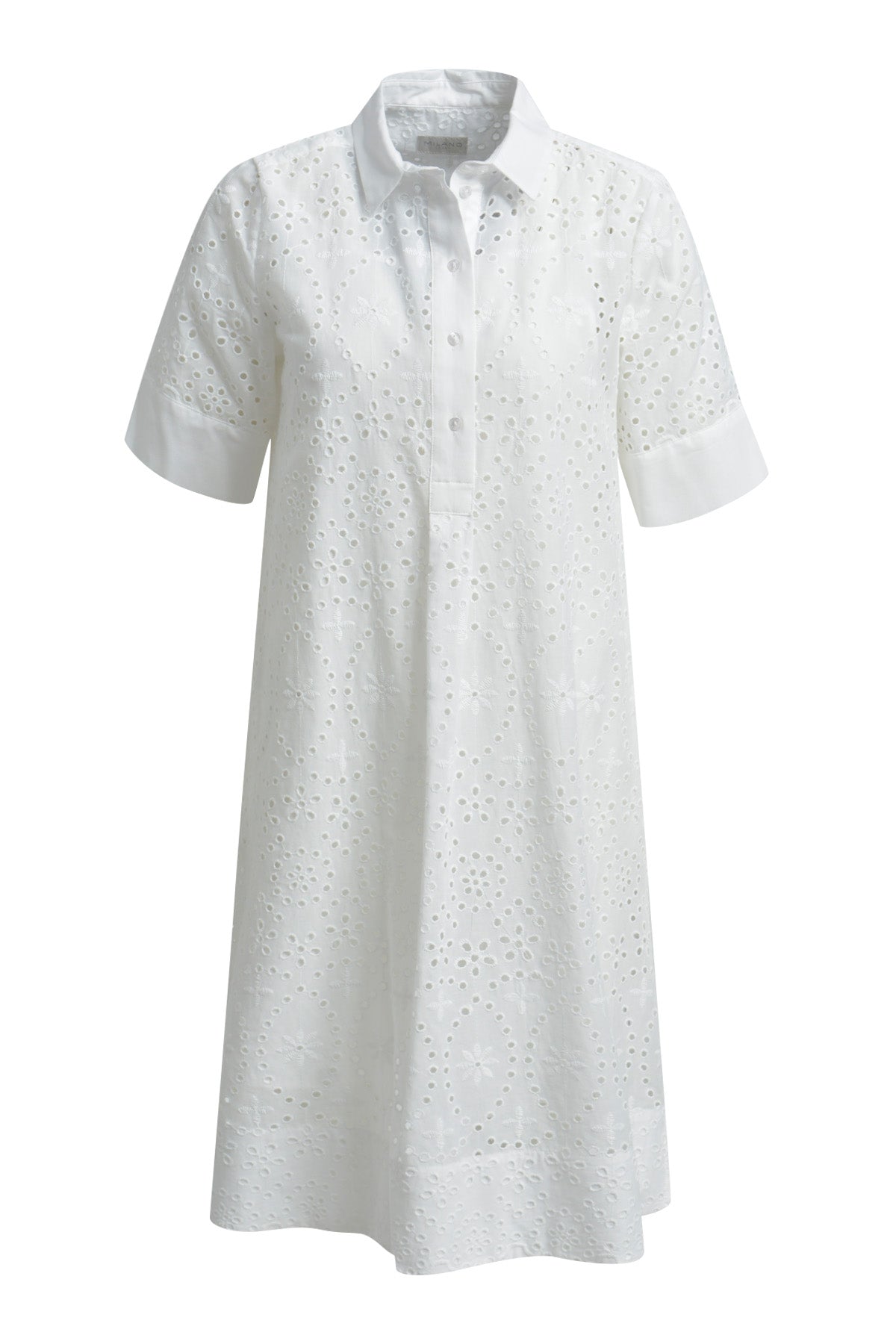 Milano Italy 6224721439 White Cotton Broderie Shirt Dress With 1/2 Sleeves
