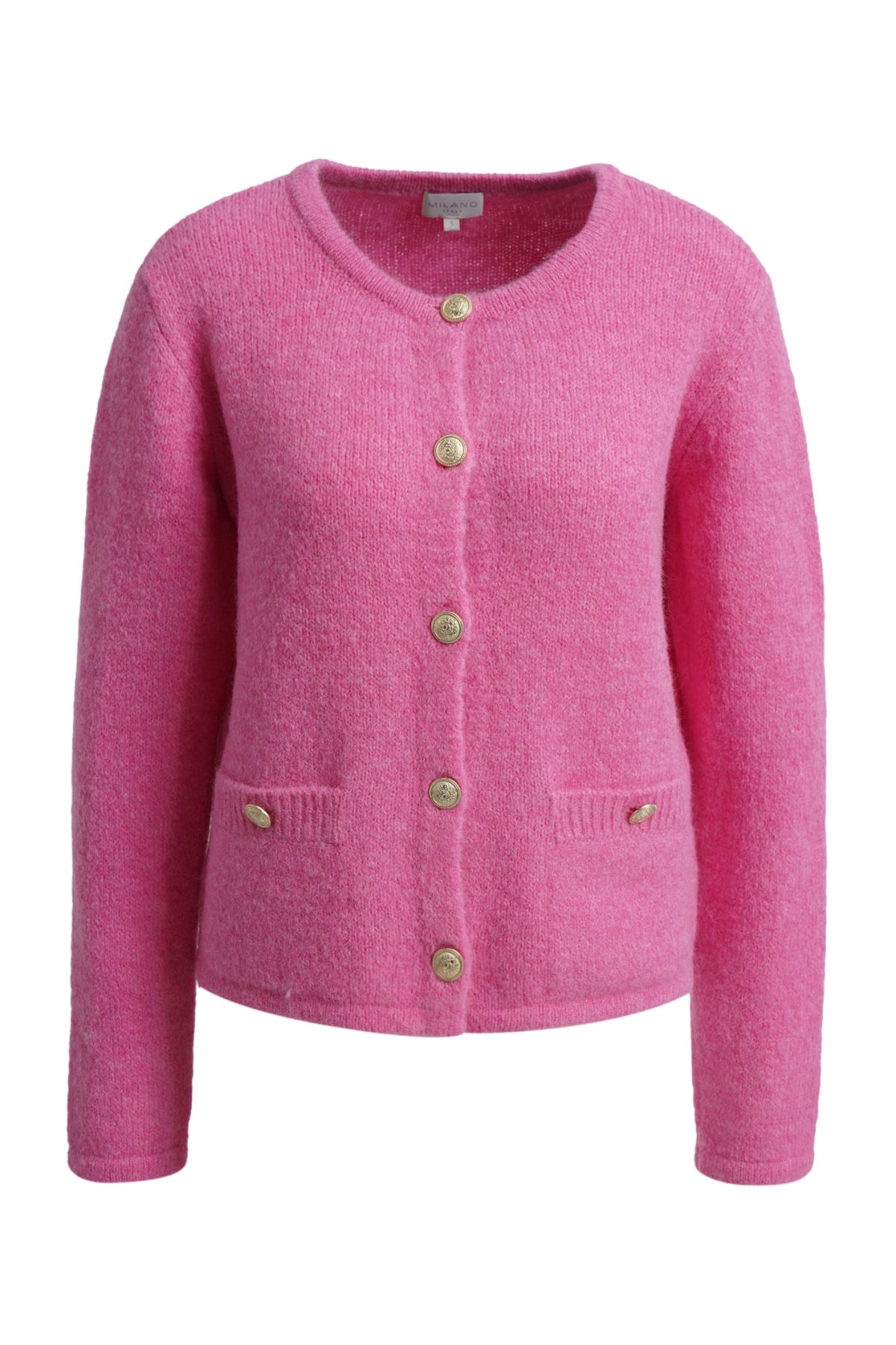 Milano Italy 6353929930s Pink Round Neck Long Sleeves Cardigan With Front Pocket