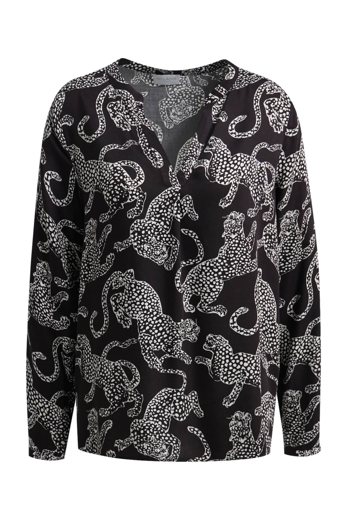 Milano Italy 6365683061 Mocca Leopard Print V-Neck Blouse With Long Sleeves