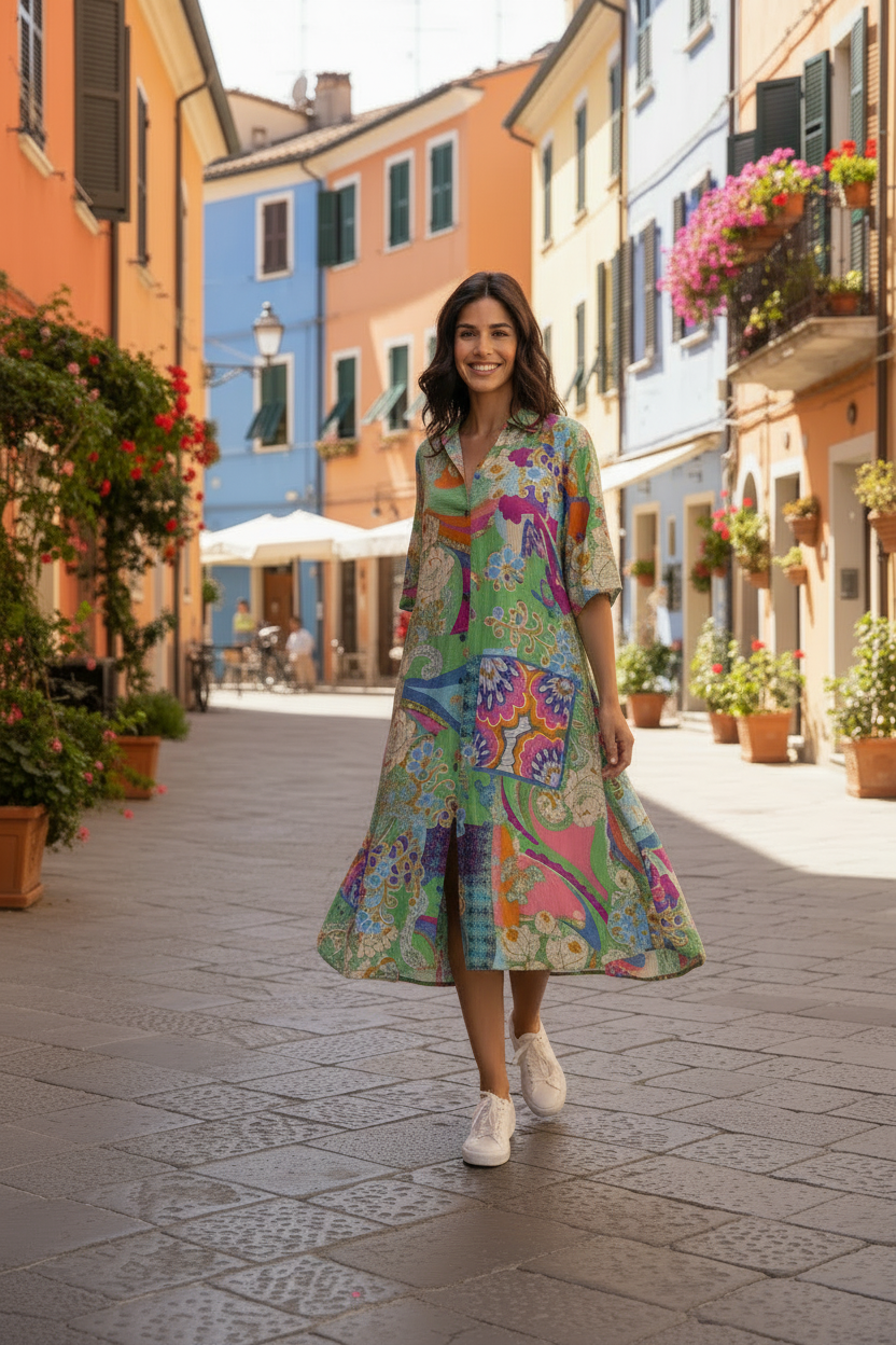 Orientique 20132 Multi Colour Santa Cruz Shirt Dress With Short Sleeve