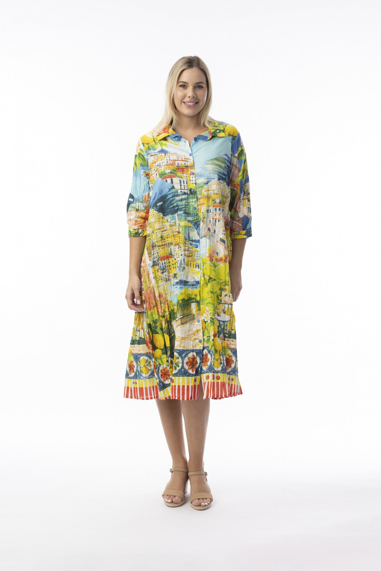 Orientique 30182 Amalfi Multi Colour Print 3/4 Slevess Collar Dress