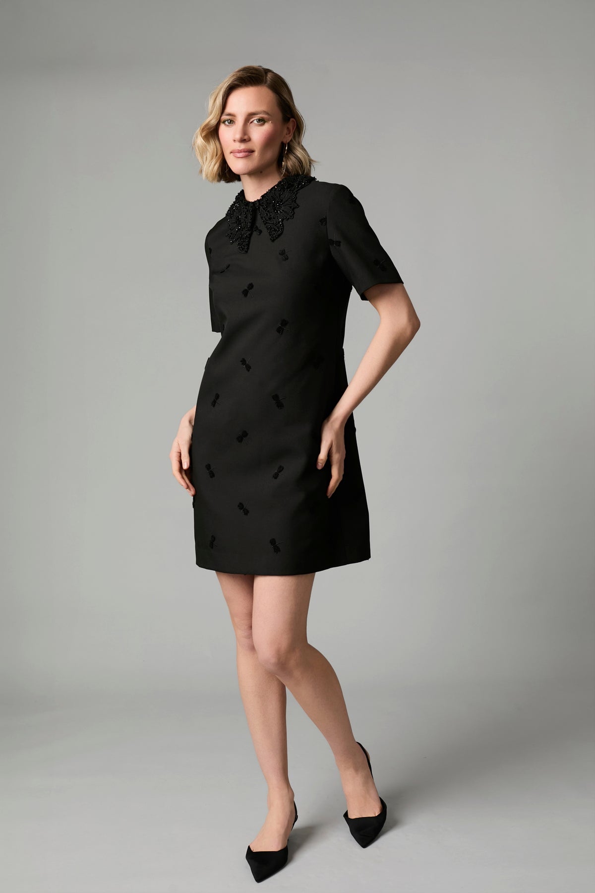 Fee G Black Satin Dress with Large Beaded Collar 584B/146