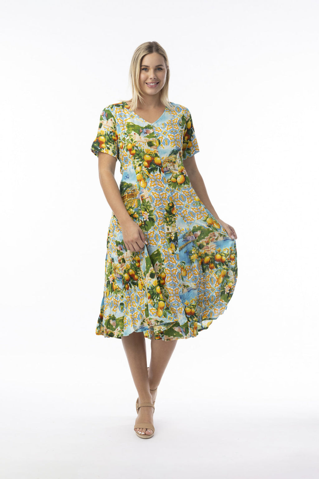 Orientique 30188 Amalfi Print Multi Colour Godet Short Sleevess Dress