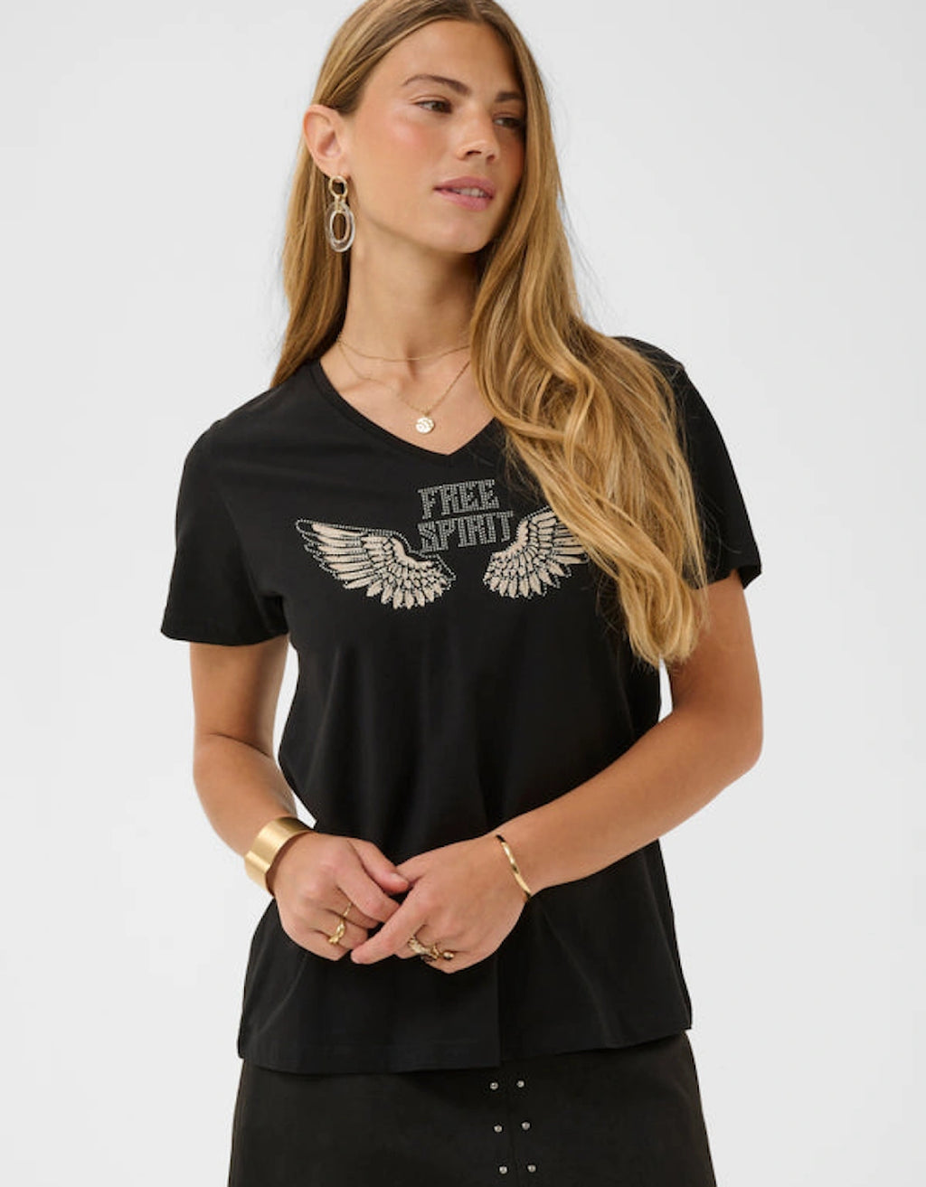Cream 10615224 Black Rhinestone Wings 100% Cotton T-Shirt