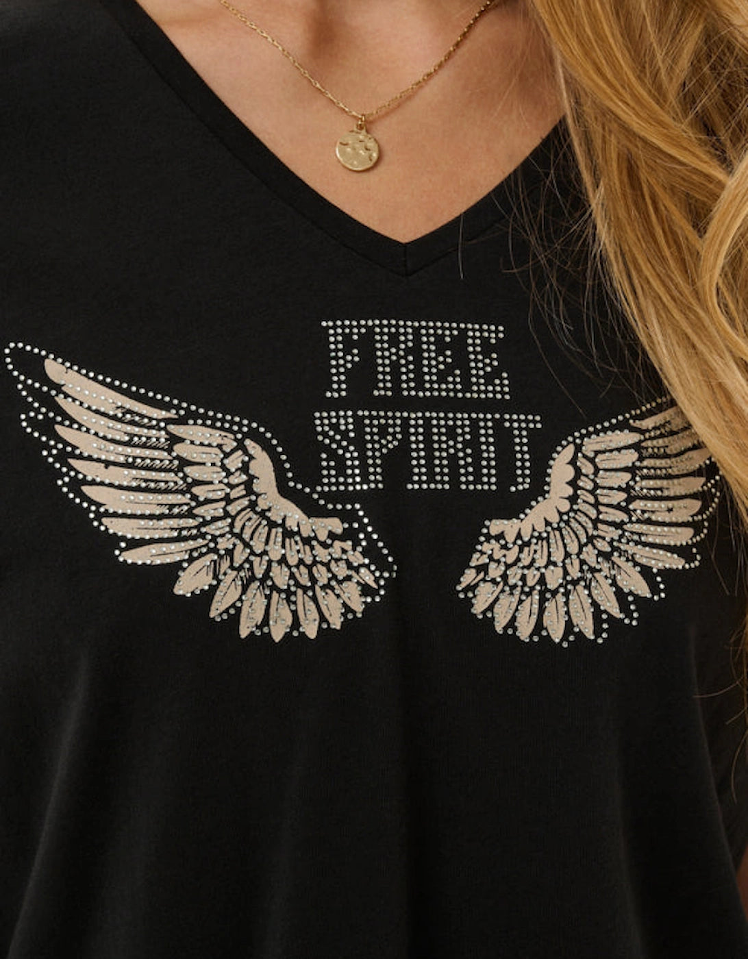 Cream 10615224 Black Rhinestone Wings 100% Cotton T-Shirt