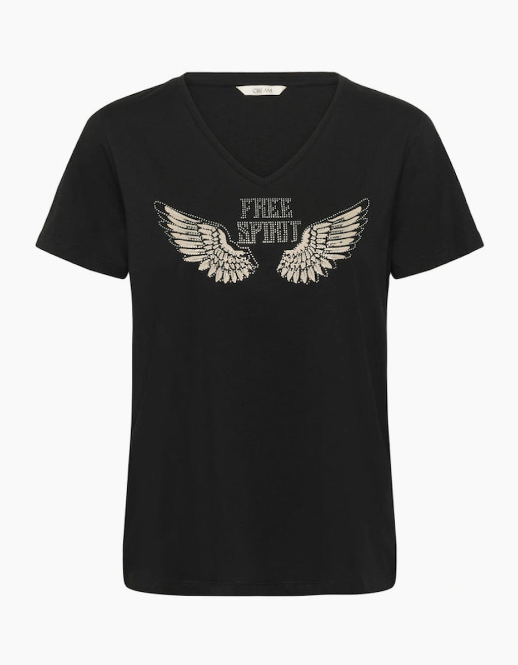 Cream 10615224 Black Rhinestone Wings 100% Cotton T-Shirt